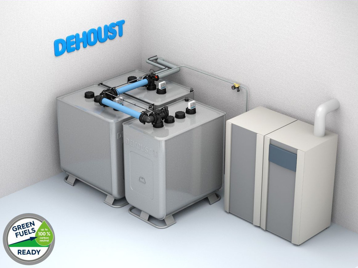 3D-Visualisierung eines DEHOUST-Tanksystems mit Verrohrung und Steuerungsschrank