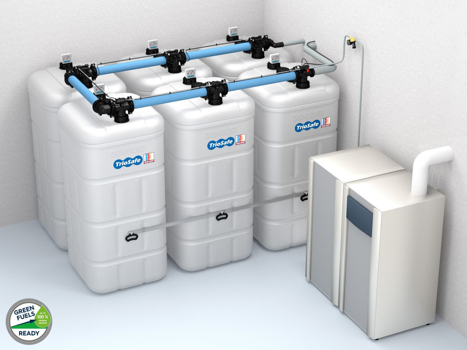 3D-Visualisierung von drei TrioSafe-Tanks mit Verrohrung als Tankbatterie