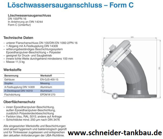 Technische Darstellung eines Löschwassersauganschlusses Typ C