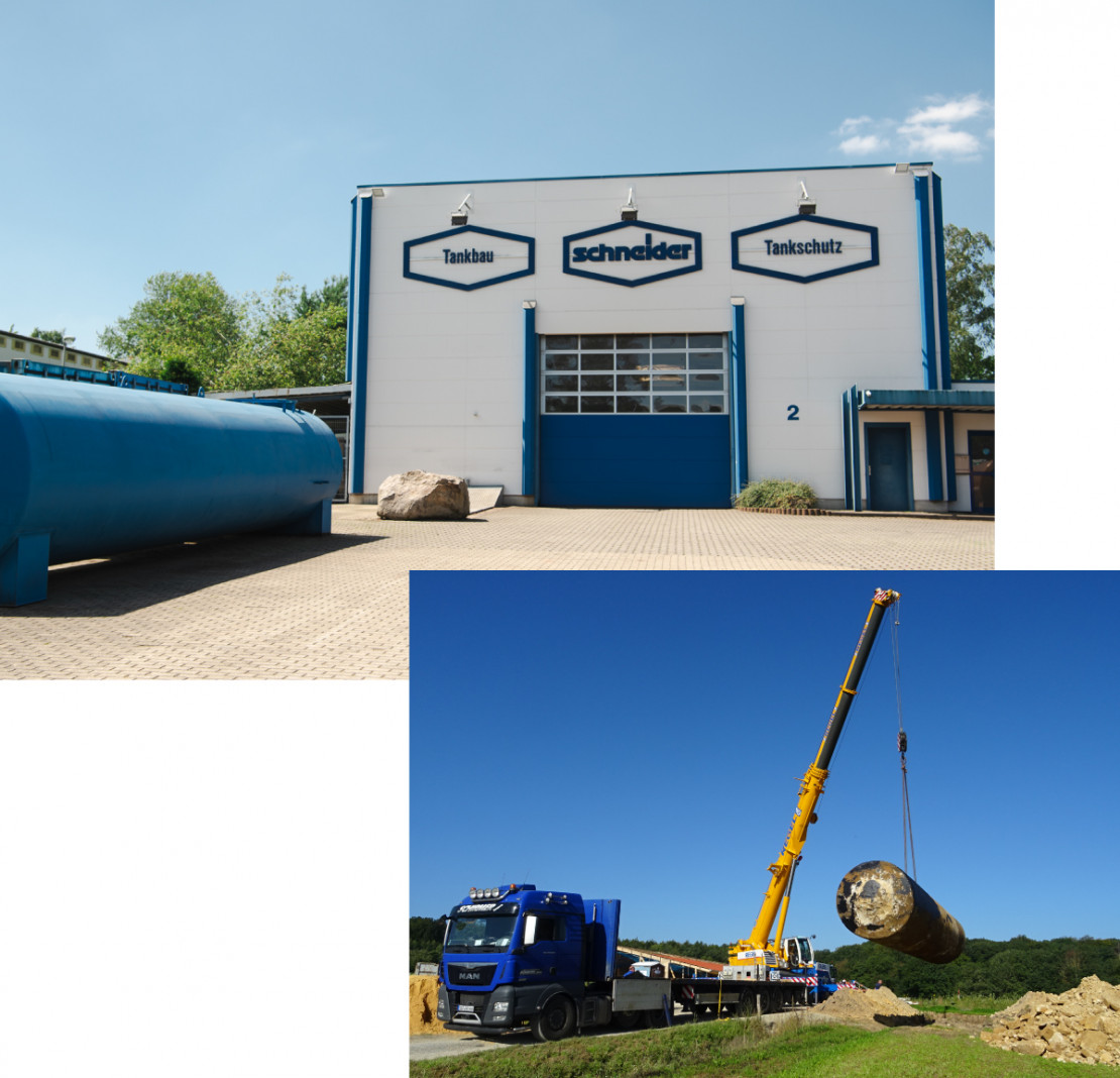 Werkshalle von Schneider Tankbau in Söhrewald. Davor ein blauer Lagertank.